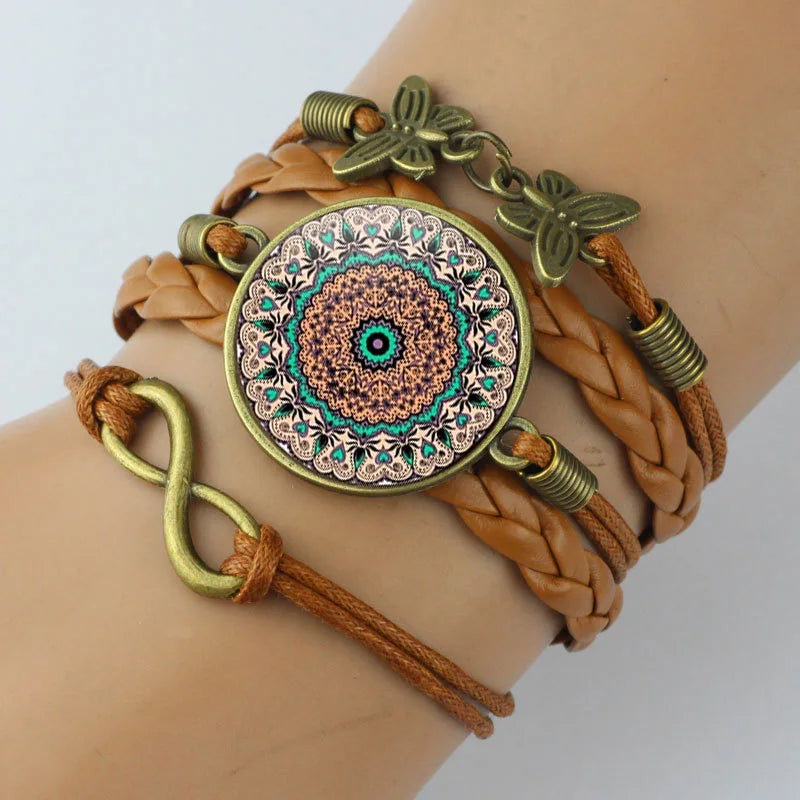 Classic Mandala Butterfly Infinity Charm Bracelet Vintage Multilayer Brown Woven Leather Bracelets For Women Men