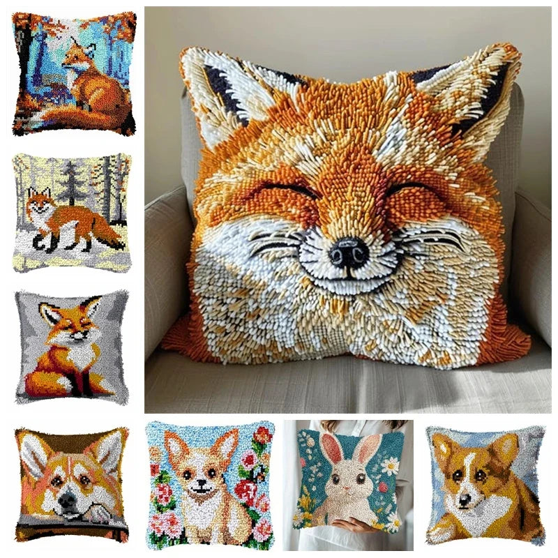 Cunning Fox Smyrna Buttons Package Latch Hook Pillow Kit Bunny Embroidery Design Plush Animal Canvas Craft for Home Decor Gifts