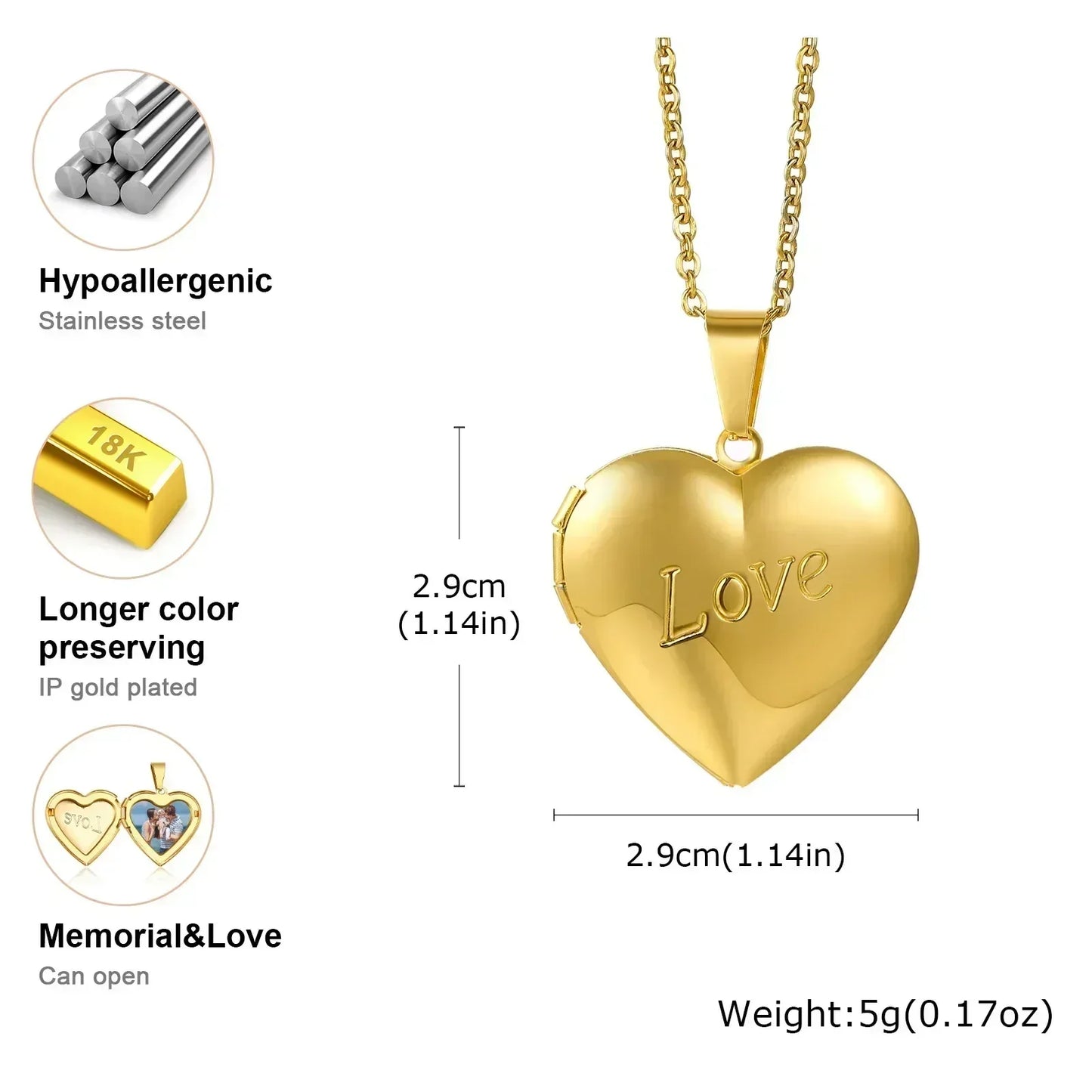 Vnox Stainless Steel Heart Locket Necklace Pendant with Photo Frame, Elegant Gold Plated Design Womens Gift