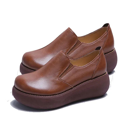 Leather Wedges Shoes Loafer Round Toe Platform Pumps Slip on Leisure