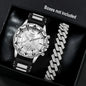 Business 2PCS Men's Fashion casual Luxury Silicone Band Diamond Quartz Bracelet Wrist Watch set（Box Not Included ）