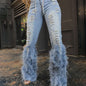 Women's Jeans Tassel Holes Vintage Feather High Waist Y2K Streetwear Casual Denim Pant Autumn Slim Beading Hollow Out Trousers