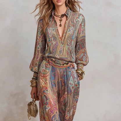 Boho Paisley Print Two-Piece Set for Women Sexy V-Neck Long Sleeve