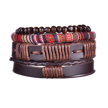 New Trendy Retro 4pcs/Set Bracelets & Bangles Men's Multilayer Black Leather Jewelry Charm Pulseiras Boyfriend Wristband