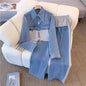 Blue Patchwork Pants Sets Women Fashion Long Sleeve Single-Breasted