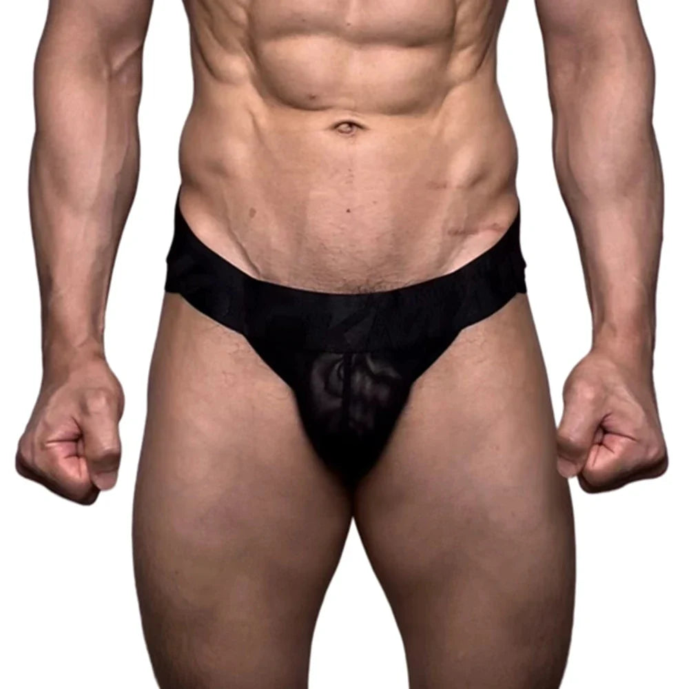 Jockmail Mens Thong Bikini Jockstrap Briefs Mens Panties Sexy Transparent Ice Silk Gay Underwear Sissy Calzoncillos Hombre Slip