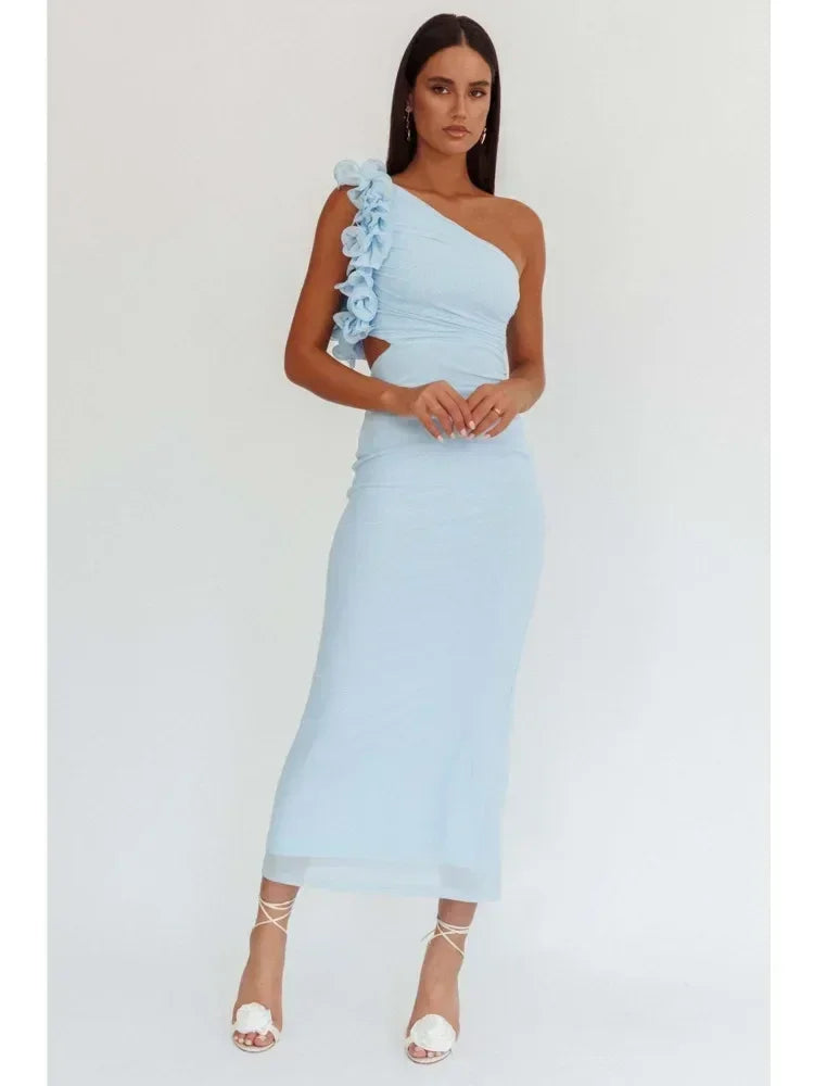 Articat Elegant Slant Shoulder Flower Bodycon Party Club Evening Dress Women Sexy Backless Slim Spring/Summer New  2025 Vestido