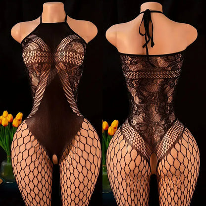 Sexy Body Lingerie Bodysuit Hanging Neck Bodystockings Erotic Crotchless Women Fishnet Hollow Open Bra Underwear Black Stockings