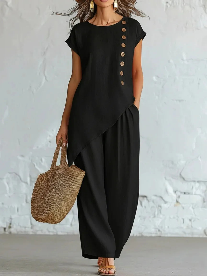 Women 2 Piece Set Elastic Waist Pocket Button Decorate Wide Leg