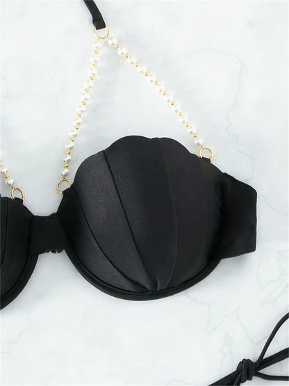 Sexy Shell Shape Underwire Bikini Tie Side Thong Bikinis Swimwear Women 2025 Black Pearls Strap Push Up Bathing Suit Swimsuit