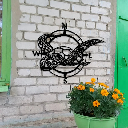 HelloYoung Black Metal Sea Turtle Compass Wall Sign - Perfect Beach Home Decor for Kitchen, Garden, and Housewarming Gifts