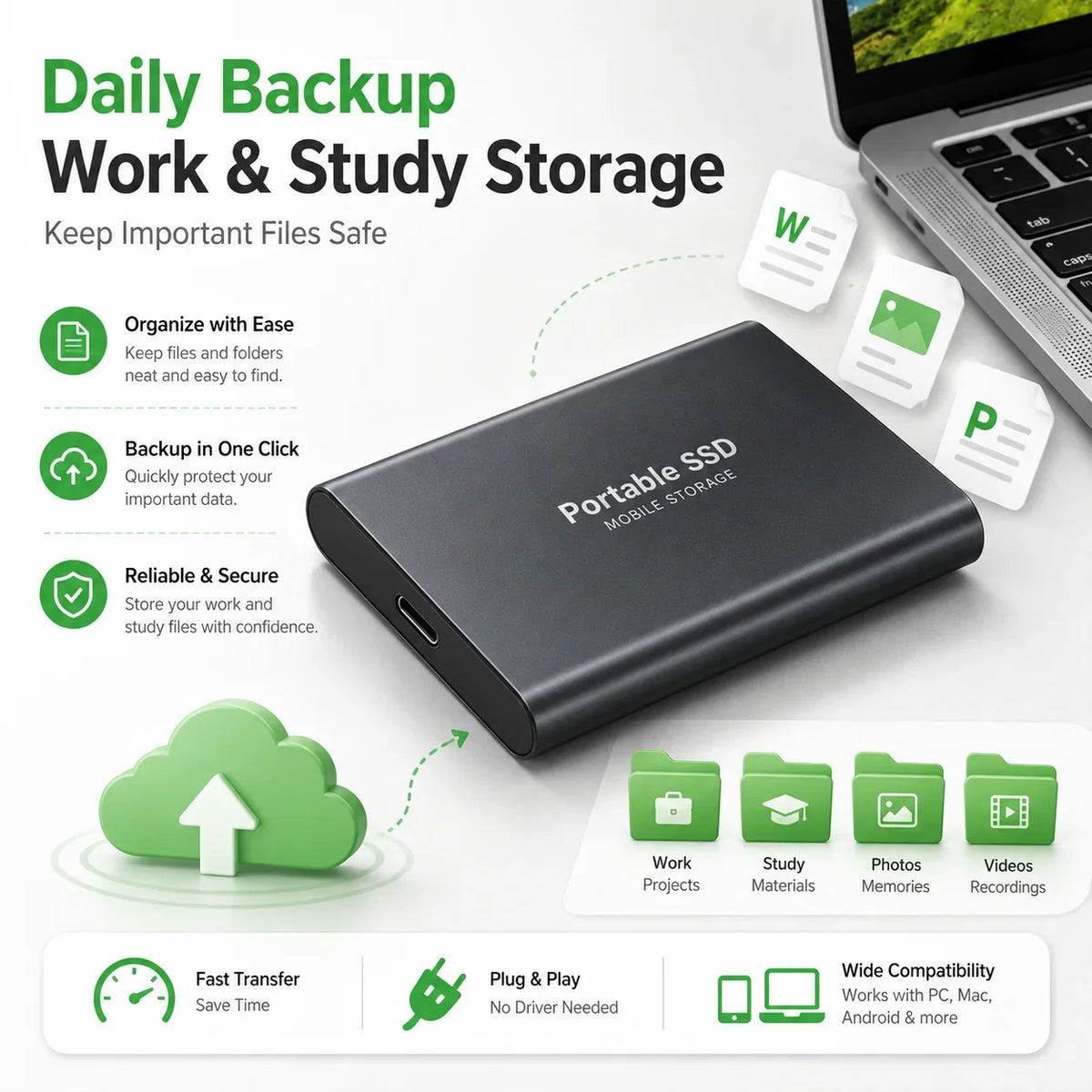 Space Efficient External Hard Drive 2TB Portable Mobile Hard Disk for Family Daily Photo Saveing PC Laptop