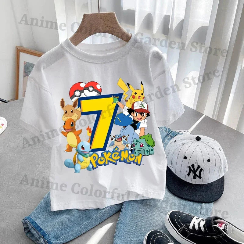 Anime Pokemons Kawaii T-Shirts for Children Pikachu Cartoon Number
