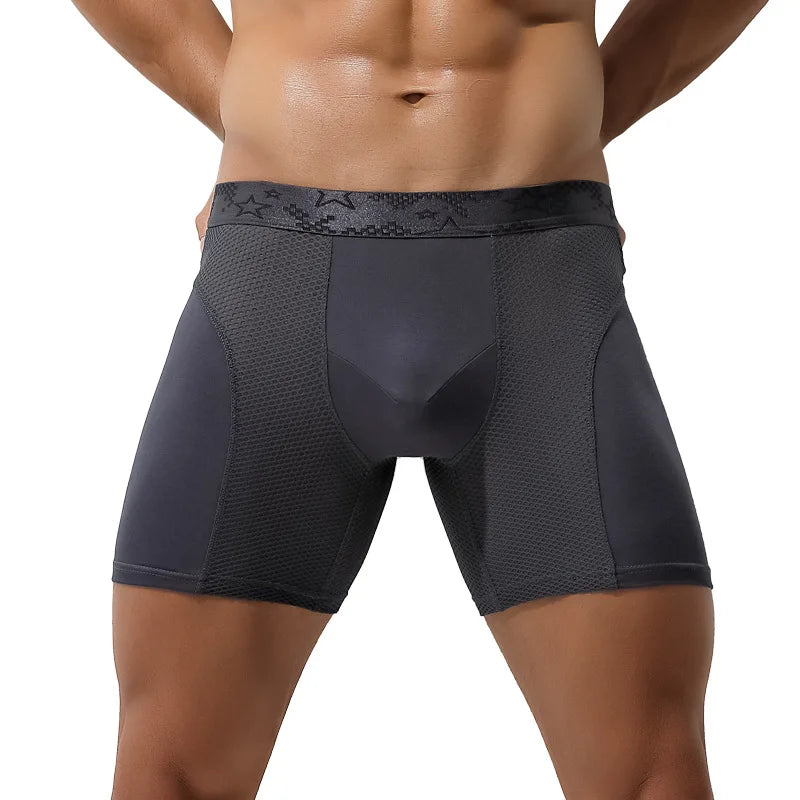 Men's Long Boxer Underwear Man Sexy U Convex Mesh Breathable Panties Extended Wear-Resistant Legs Men Boxershorts Plus Size 6XL