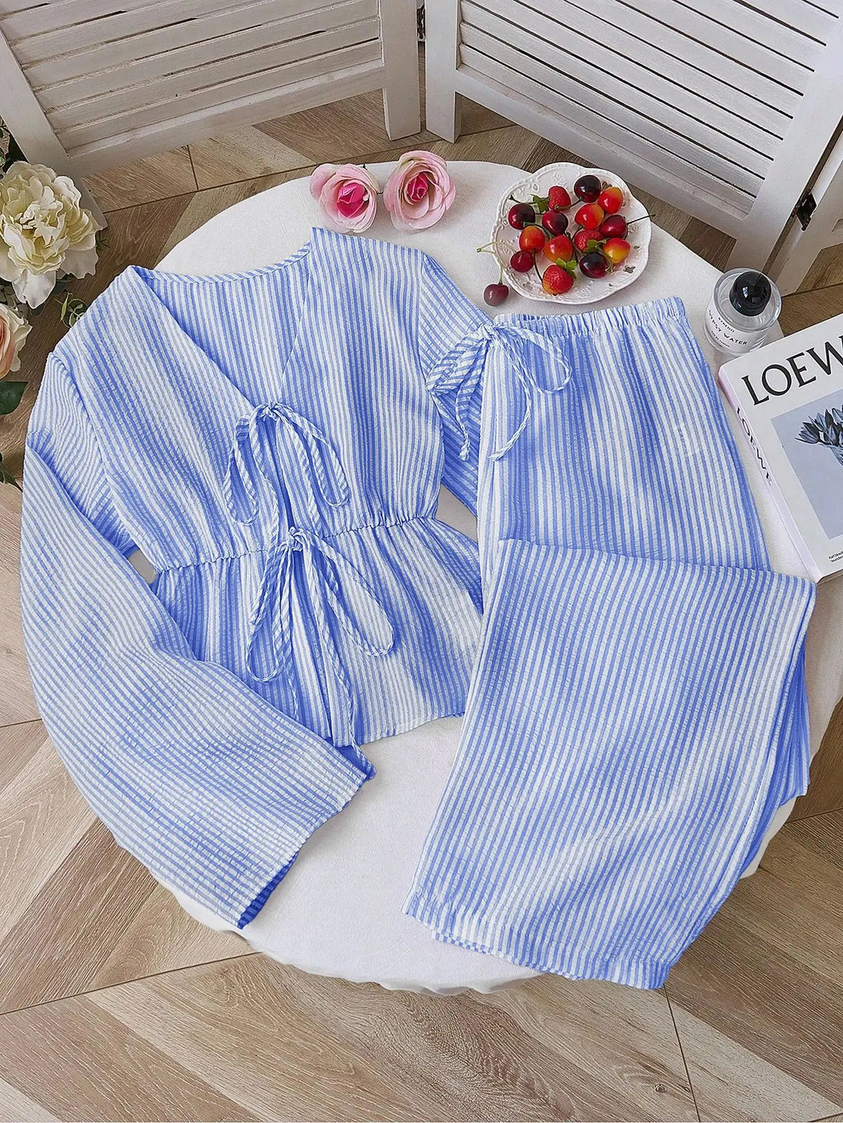 Summer Two Piece Set Women Striped V Neck Lace Up Sleeveless Blouse