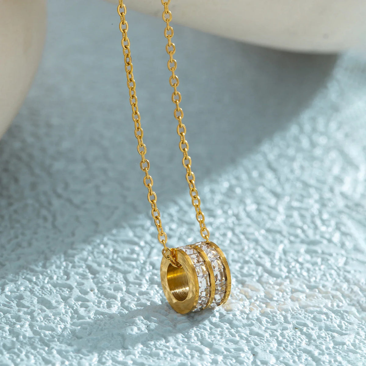 Double Row CZ Pendant Necklace 18K Gold Plated Stainless Steel Waterproof Hypoallergenic Elegant Party Fashion Jewelry for Women