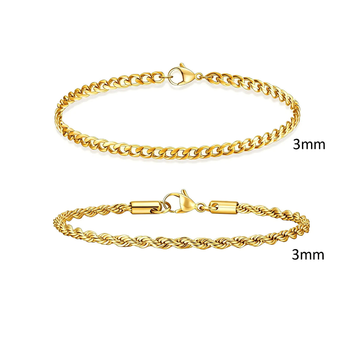2pcs Men's Chain Bracelets, Stainless Steel Silver Gold Black Color