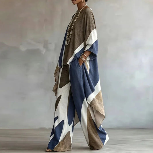 Elegant Contrast Color 2 Piece Set Vintage Irregular Top & Wide Leg Pants Suit Crinkle Women Boho Casual 3/4 Sleeve Loose Outfit