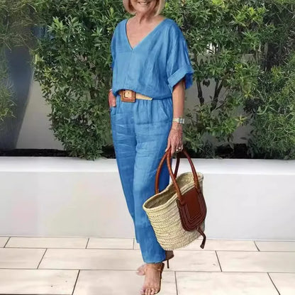 2 Piece Sets Women Outfit Women Suits Gray V-Neck Short Sleeve Tops