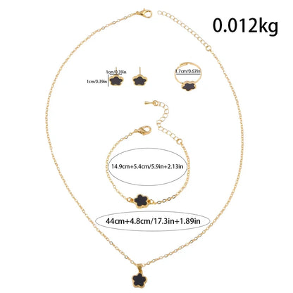 Four-Leaf Clover Five-Piece Jewelry Set, Black Gold Light Luxury Necklace, Earrings, Bracelet, Ring Set, Fashionable and Elegant Women's Jewelry, Popular Accessories