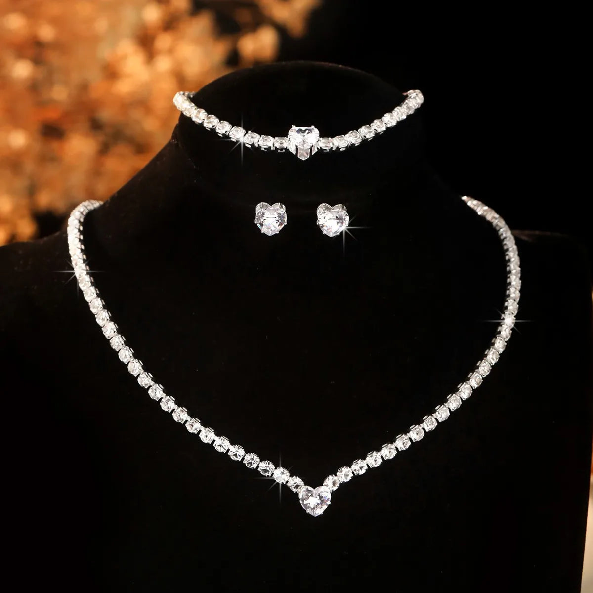 Ladies' Fashion, Heart-Shaped Crystal Zircon Earrings, Necklace Set, Bride'S Wedding Dress, Jewelry And Accessories