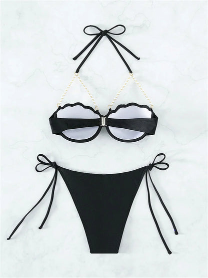 Sexy Shell Shape Underwire Bikini Tie Side Thong Bikinis Swimwear Women 2025 Black Pearls Strap Push Up Bathing Suit Swimsuit