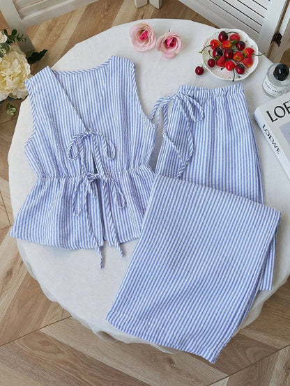 Summer Two Piece Set Women Striped V Neck Lace Up Sleeveless Blouse