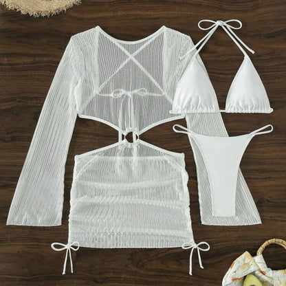 Special Mesh Hollowed Drawstring Strap Swimsuit Swimsuit Bikini Three-piece Set