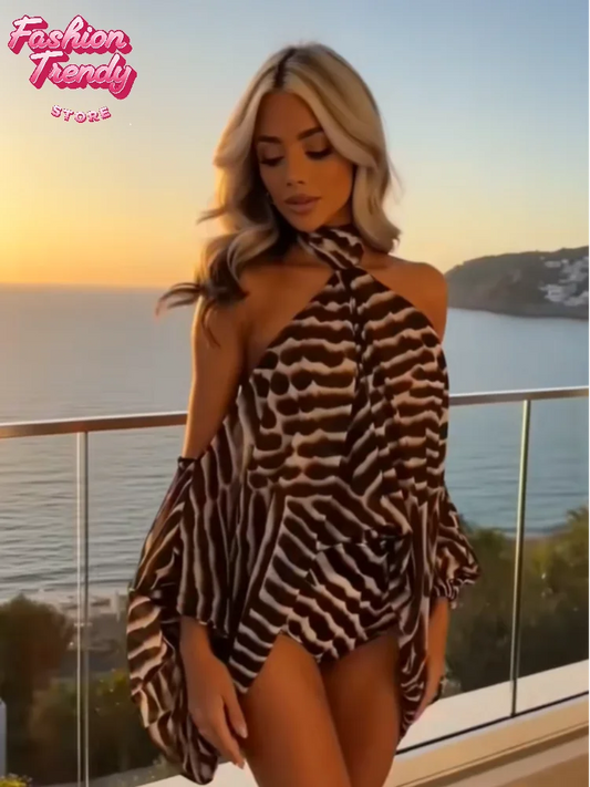 Y2k Mixed Leopard Zebra Two Piece Set Tie Halter Cut Out Shoulder Flared Sleeve Top High Cut Bodycon Shorts Sets Night Out Suit