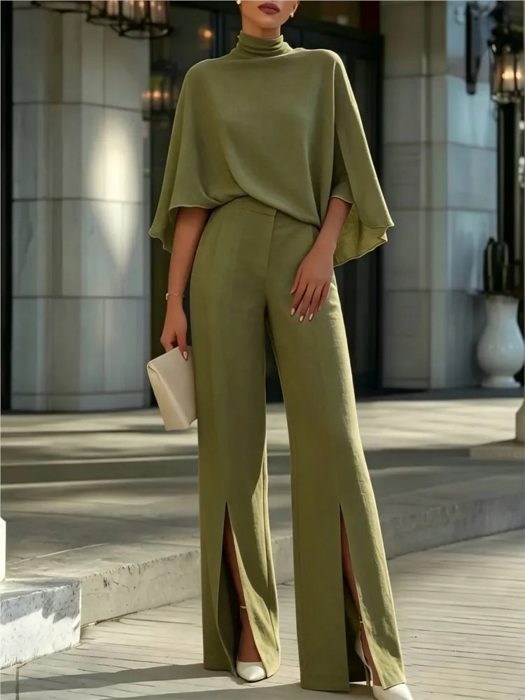 Autumn Women's Half Turtleneck Shawl Top Fashion Slit Wide Leg