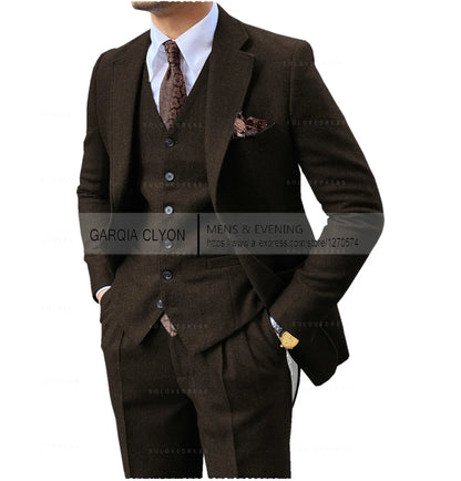 3 Pieces Men's Suits Tweed Herringbone Slim Fit Business Cauasl