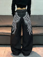 1 Pc American Retro Wing Print Loose Jeans, Street Trend Fashionable