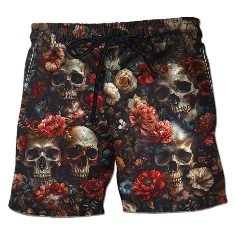 Harajuku Skull Graphic Beach Shorts Hawaiian Male Boardshorts Goth Skeleton Flower Bermudas Hip Hop Short Pants For Men Trousers