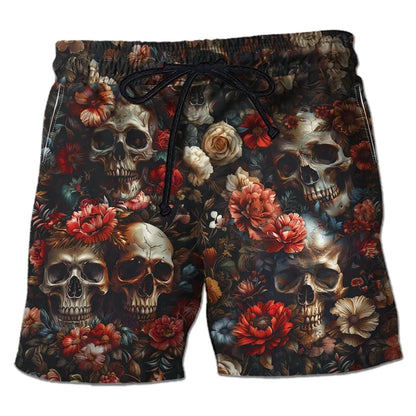 Harajuku Skull Graphic Beach Shorts Hawaiian Male Boardshorts Goth Skeleton Flower Bermudas Hip Hop Short Pants For Men Trousers