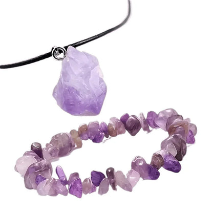 3Pcs Natural Amethyst Jewelry Set Irregular Chip Bracelet Raw Crystal Pendant Hexagonal Point Necklace Healing Spiritual Gift