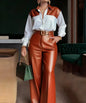 Two Piece Set Women Outfit 2026 Spring New Temperament Commuter Turn-Down Collar Long Sleeve Shirt & Leather Wide Leg Pants Set