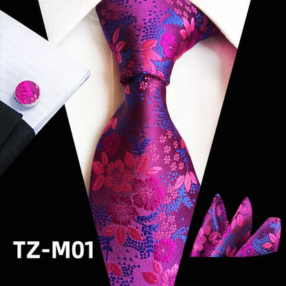Floral Pink Silk Ties Set For Men Wedding Party Neck Tie Set Handkerchief Brooch Cufflinks Men Accessories High Quality Gravata