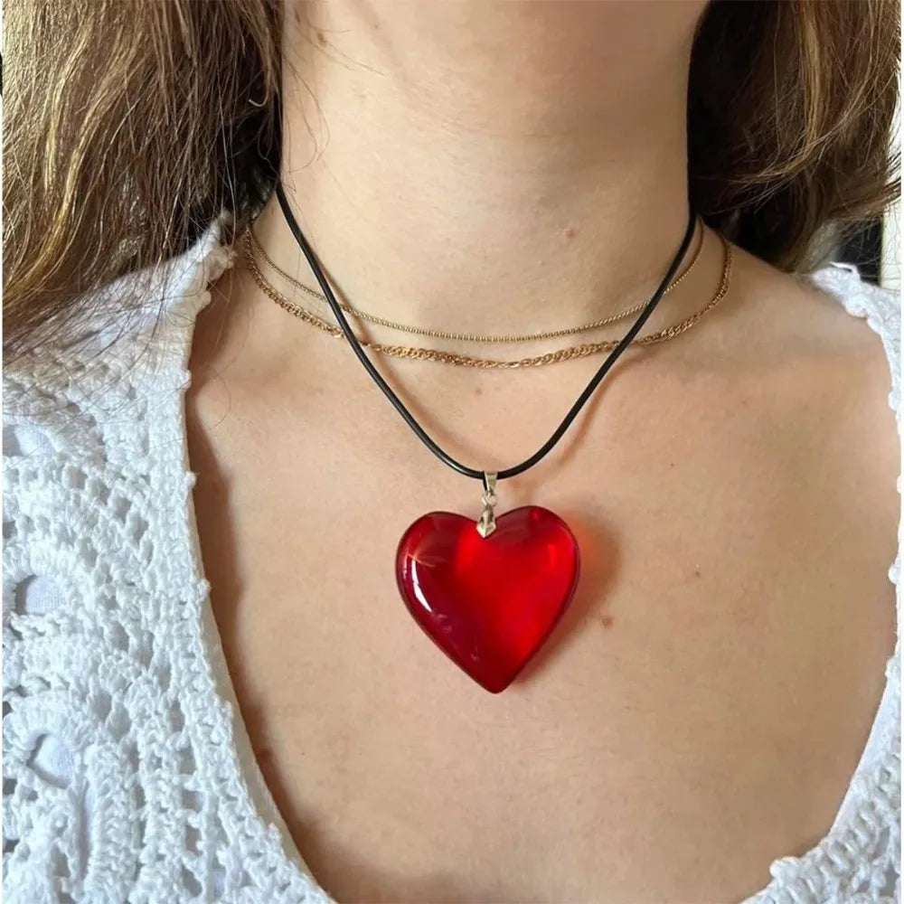 Y2k Red Heart Necklace for Women Fashion Big Hearts Pendants Necklaces Rope Chain Girls Gift Gothic Jewelry Accessories