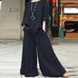Casual Cotton Linen Set Women's O Neck Long Sleeve Blouses Wide Leg