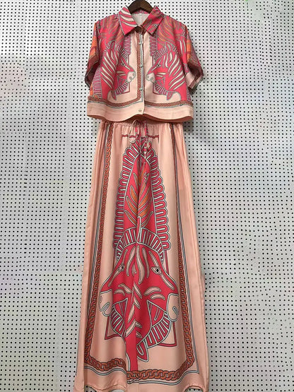 Summer New Fashion Women's Print Suit Lapel Short Sleeve Short Waist