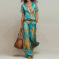 Vintage Printed Two Piece Suits Women Glossy V Neck Pocket Short Sleeve Tops & Wide Leg Trousers Sets Chic Holiday Travel Outfit