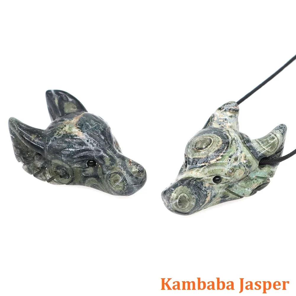 1.5" Wolf Head Stone Pendant Natural Healing Crystals Hand Carved Wolves Animal Statue Figurine Gems for Jewelry Making Necklace
