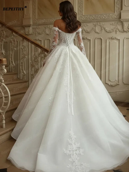 BEPEITHY Customizd Off Shoulder Long Sleeves Princess Wedding Dresses 2026 Ivory Plus Size Crystal Bride Romantic Bridal Gown