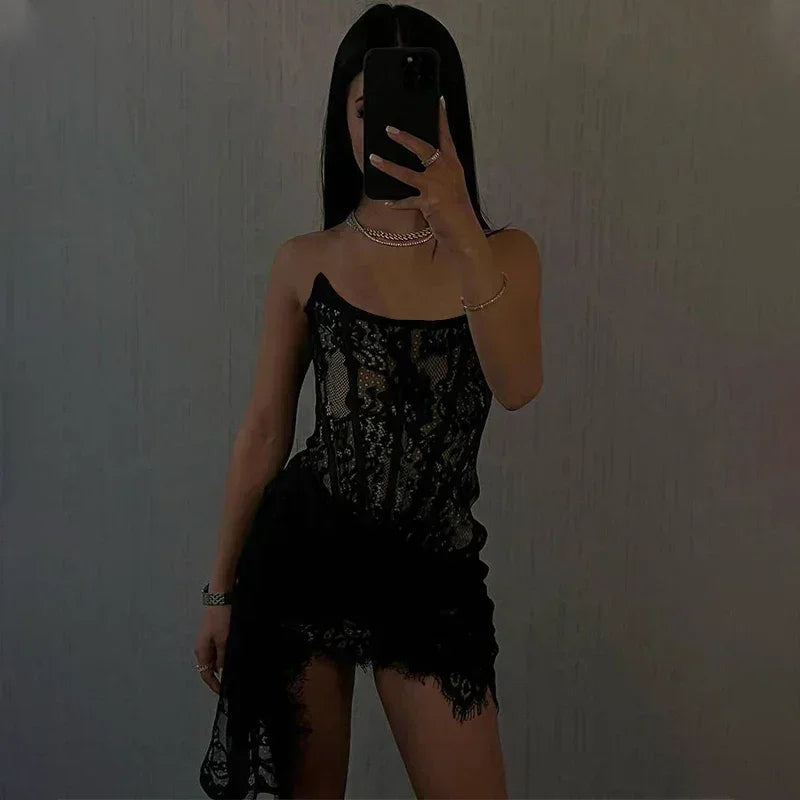 Candyhot Elegant Lace Strapless Sexy See-through Dress Bandage Irregular Mini Dress For Women Summer Slim Street Party Dress