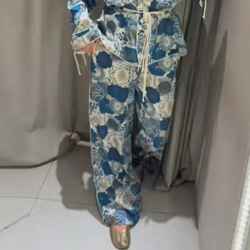 Casual Women's Printed Blouses Pant Set Loose Long Sleeve Lapel Lace
