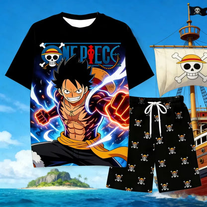 Anime One Piece Luffy Printed Short Sleeve T Shirt and Shorts Set
