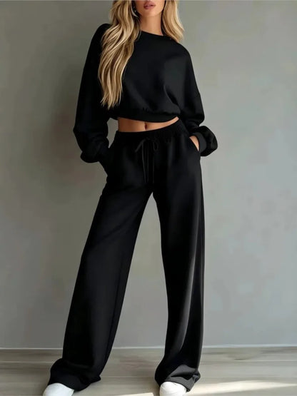 Autumn New Casual O Neck Long-Sleeved Ultra-Short Sweatshirt Trousers