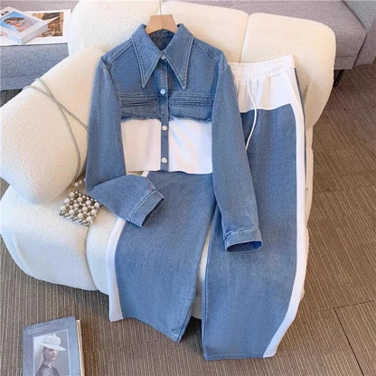 Blue Patchwork Pants Sets Women Fashion Long Sleeve Single-Breasted