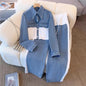 Blue Patchwork Pants Sets Women Fashion Long Sleeve Single-Breasted