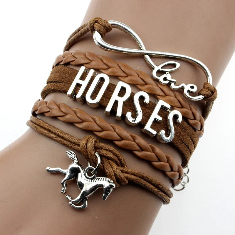 Helpushine Handmade Leather Horse Pendant Bracelet Fashionable Trendy Bracelet for Women and Girls